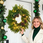 Prelit Christmas Wreaths for Front Door 24 Inch- Real Touch Norfolk Pine Wreath with Lights,Green Evergreen Outdoor Xmas Wreath with Natural Pine Cones and Berries for Farmhouse Home Decor