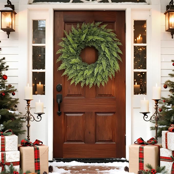 24" Real Touch Christmas Cedar Wreath - Artificial Cedar Wreaths Faux Green Fake Pine Needles Wreath for Front Door, Wall, Windows, Home,Outdoor,Xmas Decor