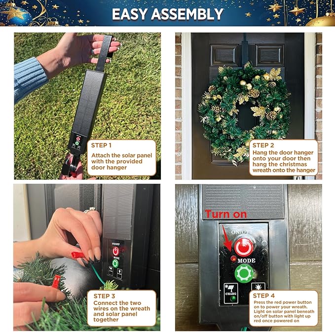 Solar Christmas Wreath 24 Inches Pre-Lit Solar 50 Led Artificial Lighted Wreath for Front Door Window Home Decor Outdoor Christmas Decor Poinsettias Golden Pine Branches Balls(2403)