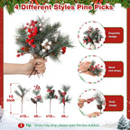 Blosssound 36 PCS Christmas Artificial Pine Branches with Snow Spray Red Berry Stems Pine Needles Faux Pine Picks Snow Floral Pine Cones for DIY Crafts Christmas Tree Garland Wreath Holiday Decor