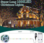 Christmas Lights Outdoor 1000 LED 328FT String Lights Multicolored, IP67 Waterproof Indoor Christmas Fairy Lights,8 Modes 4-Level Dimming with Remote for Garden Tree Patio Balcony Xmas Party Decor