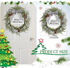 Lighted Christmas Artificial Cedar Wreath for Front Door with Hanger Christmas Wreaths Faux Norfolk with Velvet Bow LED Lights Jingle Bells Pinecone Berries Indoor Window Xmas Holiday Decor(Silver)