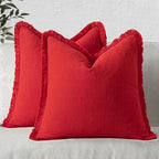 MIULEE Christmas Decorative Throw Pillow Covers Neutral Linen Fringe Throw Pillows Euro Shams Set of 2 Red Boho Farmhouse Cushion Covers with Tassels for Couch Sofa Bed Living Room Decor 22x22 Inch