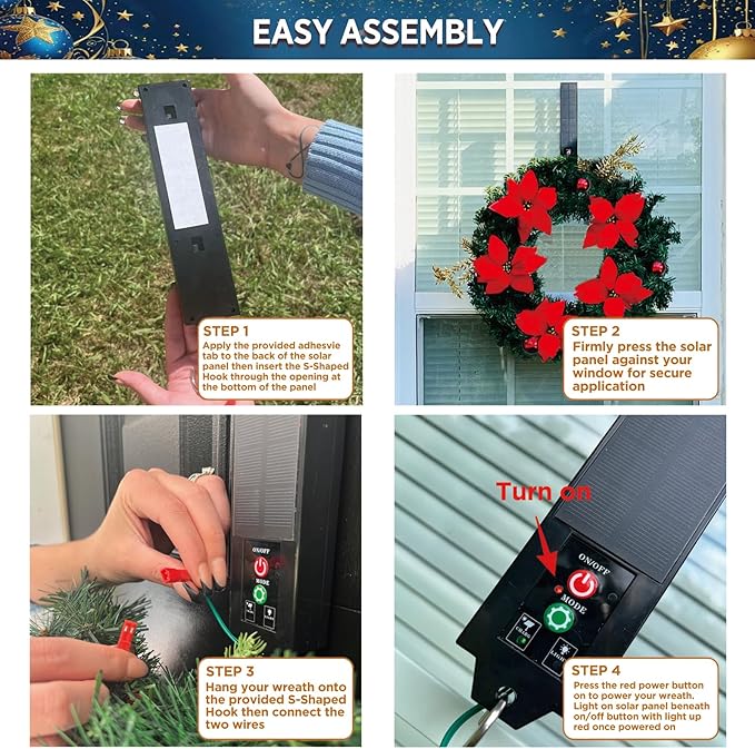 Solar Christmas Wreath 30 Inches Pre-Lit Solar 70 Led Artificial Wreath for Front Door Window Outdoor Decorations with Golden Pine Cones Christmas Balls Glitter Pine Branches(3002)