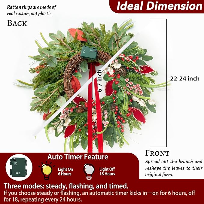 Christmas Wreath with Lights,Outdoor Pre-lit Christmas Wreaths for Front Door-24 Inch Xmas Door Wreath with Pine Needles Pine Cones and Red Berries- Farmhouse Home Christmas Decorations