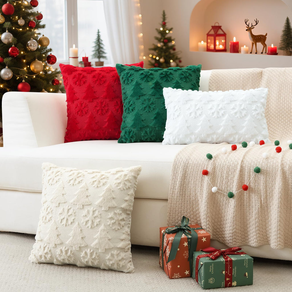 OTOSTAR Set of 2 Christmas Throw Pillow Covers 12x20 Inch, Soft Plush Faux Fur Christmas Tree Snowflake Winter Holiday Xmas Decorative Lumbar Cushion Cover Cases for Sofa Couch Bed Living Room, Beige