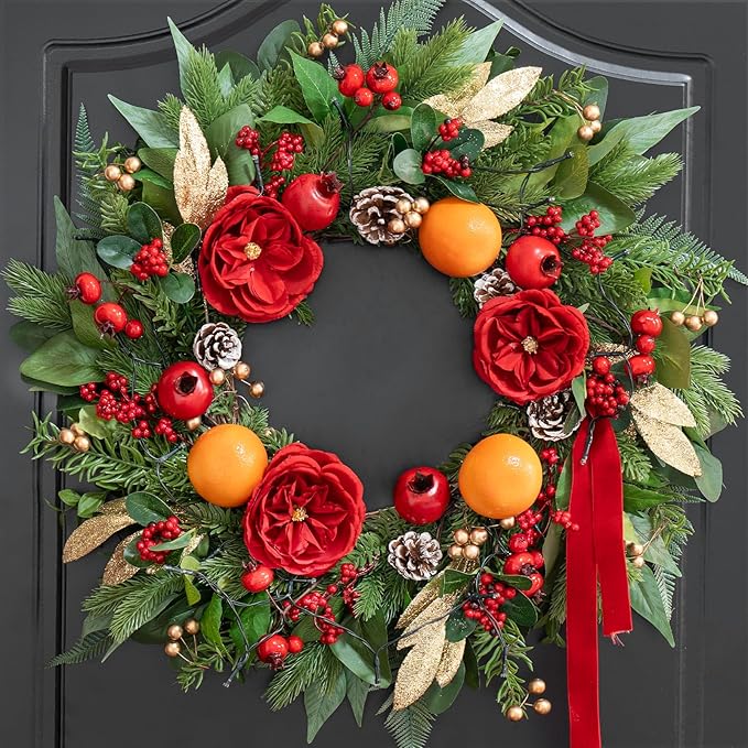 Pre-lit Christmas Wreaths for Front Door- 24 Inch Outdoor Christmas Wreath with Lights,Green Lighted Xmas Door Wreath with Pinecones,Red Flowers and Orange Berries for Holiday Decor