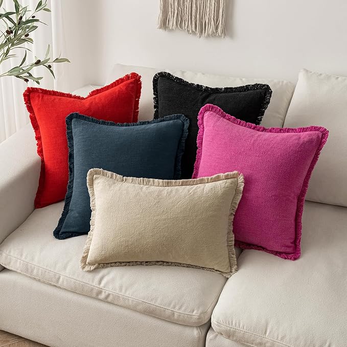 MIULEE Christmas Decorative Throw Pillow Covers Neutral Linen Fringe Throw Pillows Euro Shams Set of 2 Red Boho Farmhouse Cushion Covers with Tassels for Couch Sofa Bed Living Room Decor 22x22 Inch