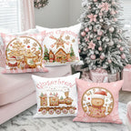 Lanpn Christmas Throw Pillow Covers 18x18 Set of 4, Gingerbread Man House Pillow Covers Christmas Pillowcase Decorative Cushion Cover for Home Bedroom Couch Sofa Decor (Pink)