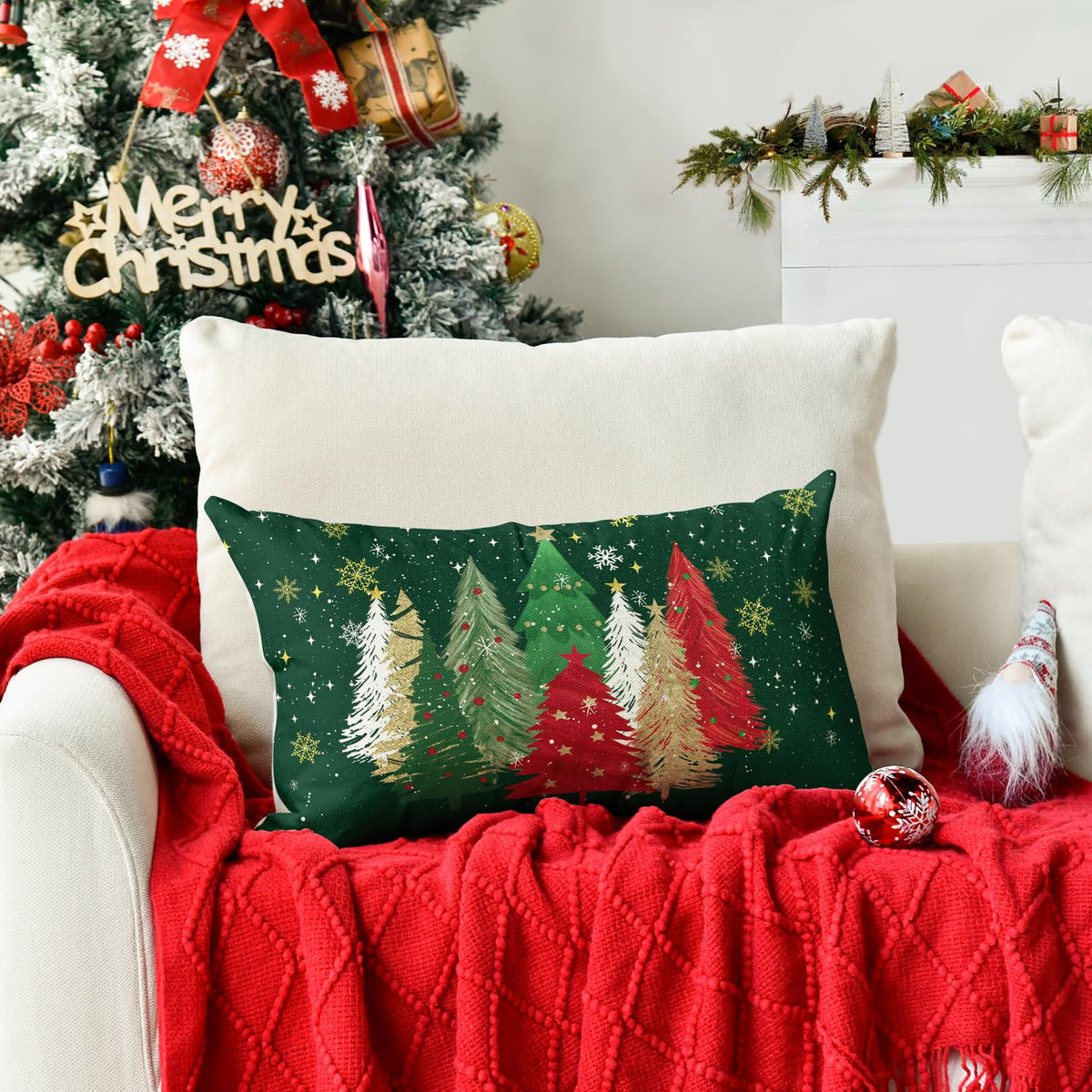 AVOIN colorlife Green and Red Merry Christmas Trees Snowflake Throw Pillow Cover, 12 x 20 Inch Seasonal Winter Holiday Cushion Case Decoration for Sofa Couch