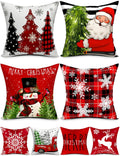 Double-Sided Print Christmas Pillow Covers 20''x20'', Set of 4, 8 Christmas Patterns Christmas Tree, Snowman, Snowflakes, Merry Christmas, Deer, Santa Claus,Truck, Let It Snow, Soft Linen Material