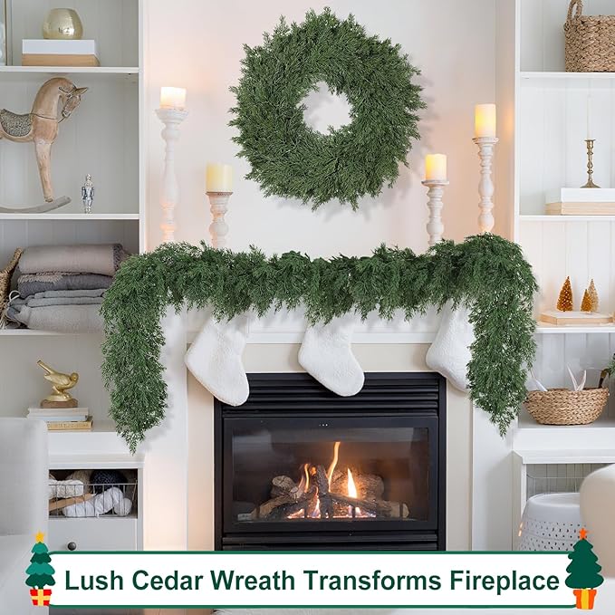26" Real Touch Christmas Cedar Wreath, Christmas Wreaths for Front Door, Realistic Pine Wreath, Large Green Cypress Wreaths for Home Fireplace Wall Window Porch Outdoor Xmas Holiday Decor