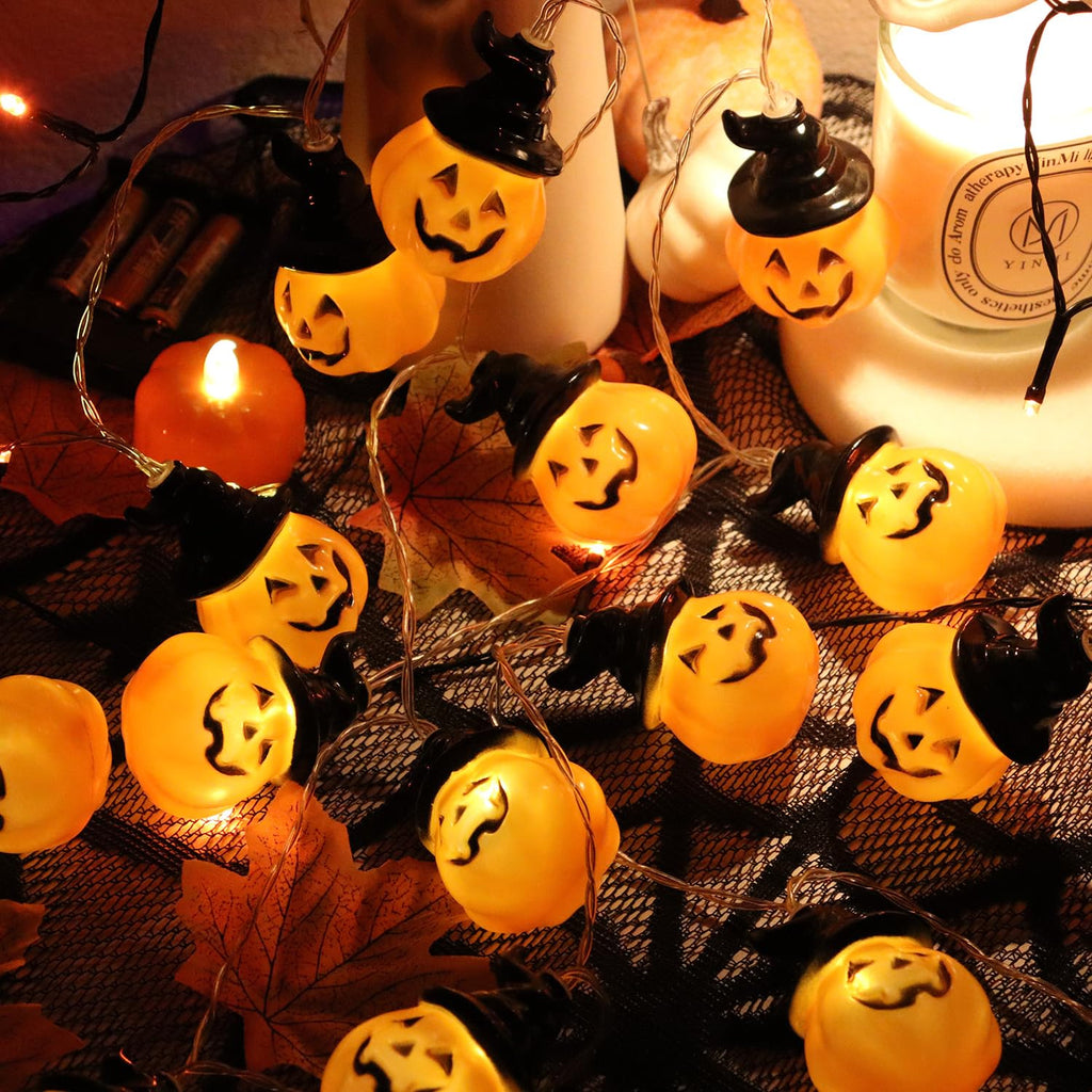 Runleo Halloween Pumpkin String Lights with Witch Hat, 20 LED 16.4FT 8 Modes Timer 3D Waterproof Orange Jack-O-Lantern Battery Operated Flickering Lights for Indoor Outdoor Decor Party Decorations
