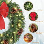 Solar Christmas Wreath 24 Inches Pre-Lit Solar 50 Led Artificial Wreath Outdoor Front Door Window Christmas Decor with Frosted Branches Pine Cones Berry Clusters Red Velvet Bows (2401)