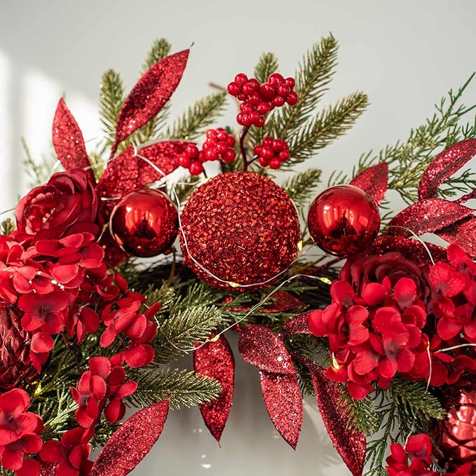 YULETIME 24" Christmas Wreath, Artificial Holiday Wreath with Baubles, Berries, Leaves, Spruce Branches, Snowy Pine Needles (Red Hydrangea)