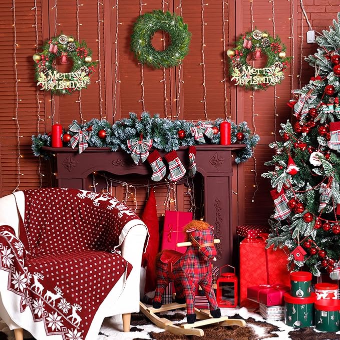 Zeyune Christmas DIY Green Wreath 14 Inch Artificial Christmas Wreaths Faux Plain Wreaths for Decorating Front Door Window Room Farmhouse Xmas Party Indoor Outdoor(Willow Pine,8 Pcs)