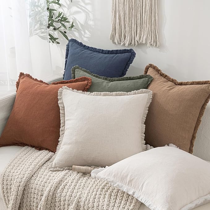 MIULEE Christmas Decorative Throw Pillow Covers Neutral Linen Fringe Throw Pillows Set of 2 Indigo Blue Boho Farmhouse Cushion Covers Coastal Decor for Couch Sofa Bed Living Room Decor 12x20 Inch