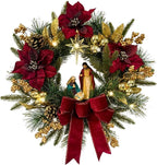 22 Inch Pre-Lit Artificial Christmas Wreath with Red Artificial Poinsettia Flowers Jesus Figurine Nativity Scene Glitter Ball Ornaments PineCones Golden Berries for Christmas Decor Front Door