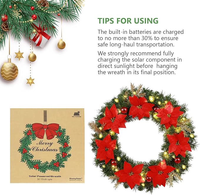 Solar Christmas Wreath 24 Inches Pre-Lit Solar 50 Led Artificial Lighted Wreath for Front Door Window Home Decor Outdoor Christmas Decor Poinsettias Golden Pine Branches Balls(2403)