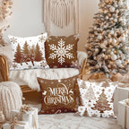 Lanpn Christmas Throw Pillow Covers 18x18 Set of 4, Merry Christmas Winter Xmas Snowflake Decorative Holiday Cushion Pillow Cases 18 x 18 for Outdoor Indoor Farmhouse Home Room Couch Decor (Brown)
