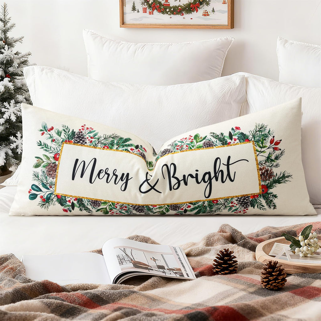 OTOSTAR Merry Bright Christmas Decor Pillow Cover 14x36 Inch Extra Long Lumbar Decorative Throw Pillow Case Eucalyptus Mistletoe Winter Holiday Cushion Cover for Couch Bed Sofa Decor (Merry & Bright)