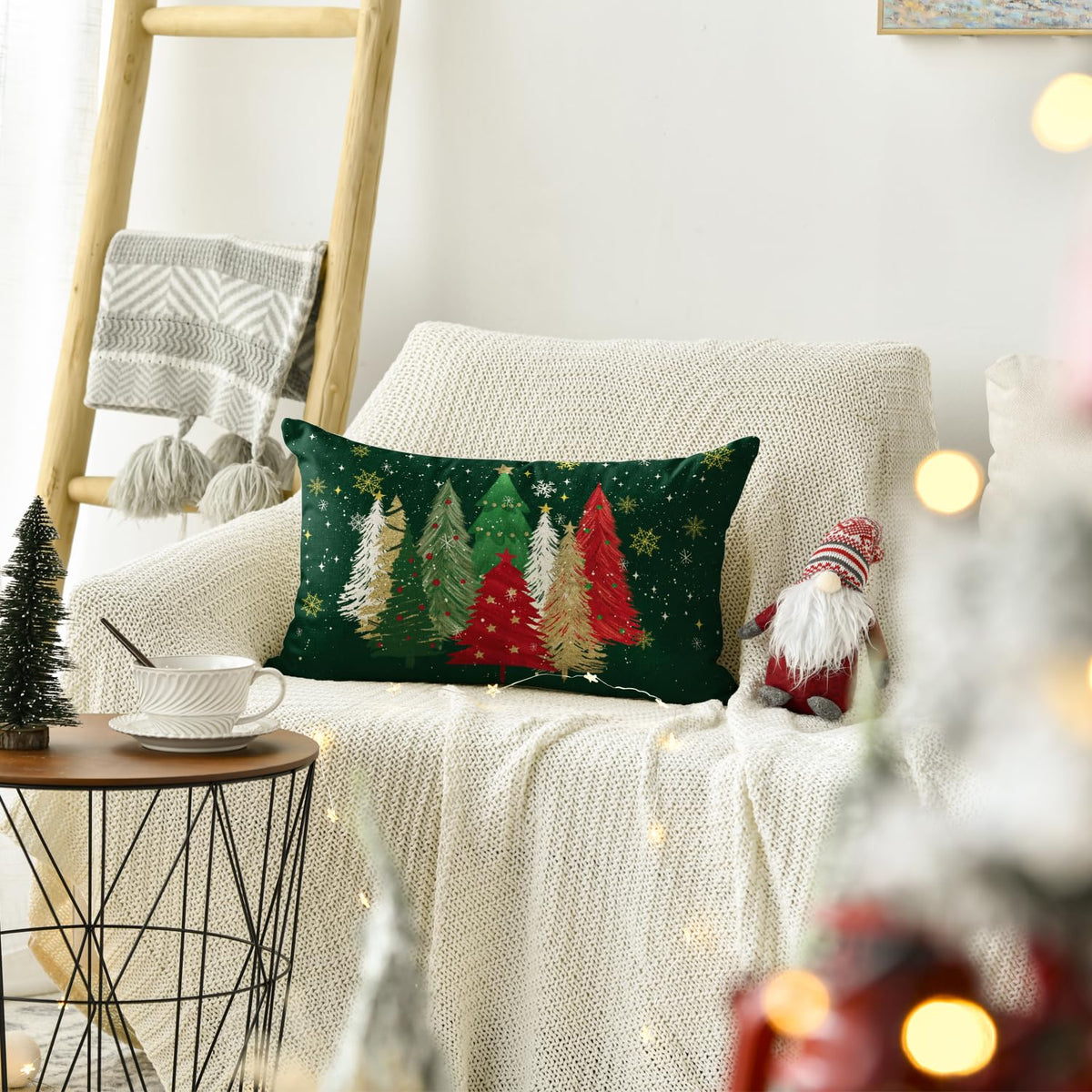 AVOIN colorlife Green and Red Merry Christmas Trees Snowflake Throw Pillow Cover, 12 x 20 Inch Seasonal Winter Holiday Cushion Case Decoration for Sofa Couch
