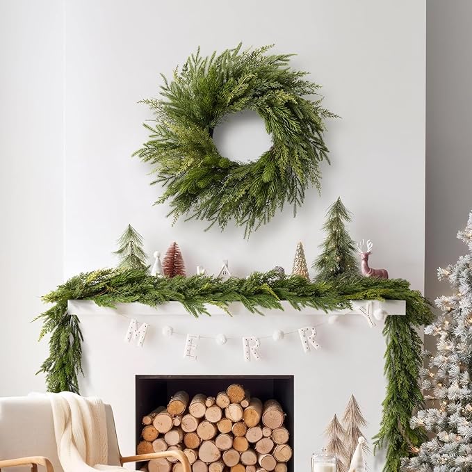 Somikis 24 Inch Christmas Wreaths for Front Door, Real Touch Norfolk Pine & Cedar Wreath for Winter Indoor & Outdoor Porch Windows Wall, Realistic Artificial Wreath Home Decor