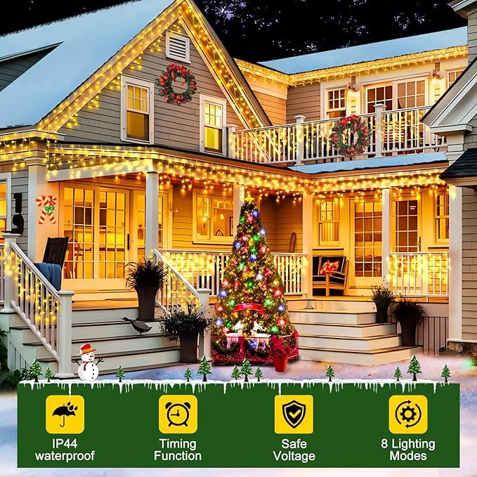 164FT 1600 LED Christmas Lights Outdoor Decorations with 320 Drops Timer 8Mode Curtain String Lights Waterproof Plug in Fairy Lights for Indoor,Xmas,Party,Patio,Window,Fence,Trees Decor(Warm White)
