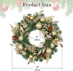 24 inch Christmas Door Wreath, Pine Wreaths for Front Door with Golden Ball Glittered Leaf Spray Stems Pinecones Berries for Fireplace Xmas Decorations, Wall Window Indoor Outdoor Decor