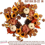 Artificial Fall Autumn Wreath 22 in with Sunflower,Peony,Pumpkin, Eucalyptus Leaf for Front Door Thanksgiving Wreaths Wall Window Harvest Festival Celebration