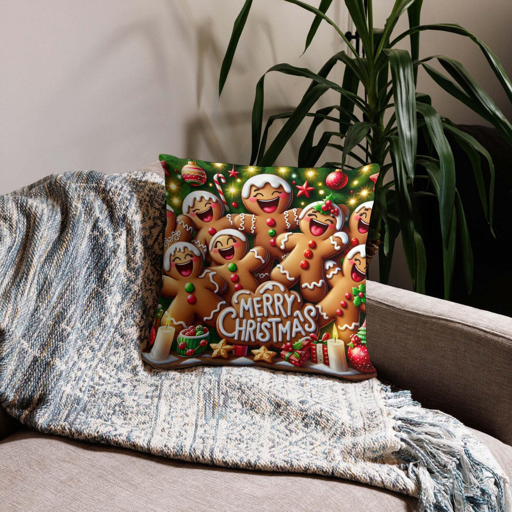 Jiaopenyou Throw Pillow Cover 20x20 Inch,Gingerbread Men Dancing Merry Christmas Decorated with Icing Candies Christmas Tree Throw Pillow Case,Home Decor Cushion Covers for Sofa Living Room Couch Bed