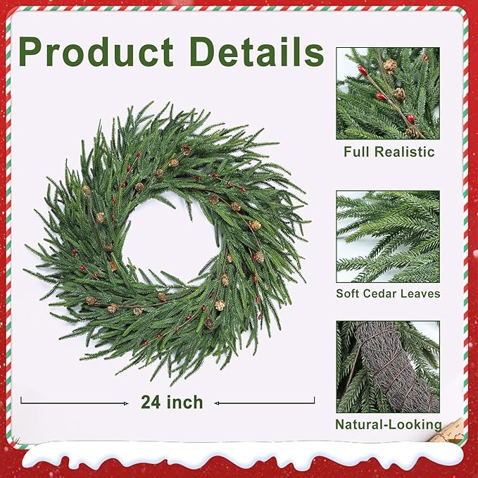 24 Inch Pine Wreath Christmas Wreaths for Front Door, Real Touch Pine Wreath with Red Berries Artificial Green Wreaths for Walls Windows Porches Farmhouse Indoor Outdoor Home Decor