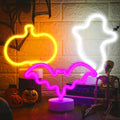 VIHOSE 3 Pcs Neon Light Halloween Decorations LED Lamps Ghost Pumpkin Bat Shape Neon Signs Decorative Battery Operated Night Lights with Holder Base for Bedroom Table Desk Room home Party Bar Gifts