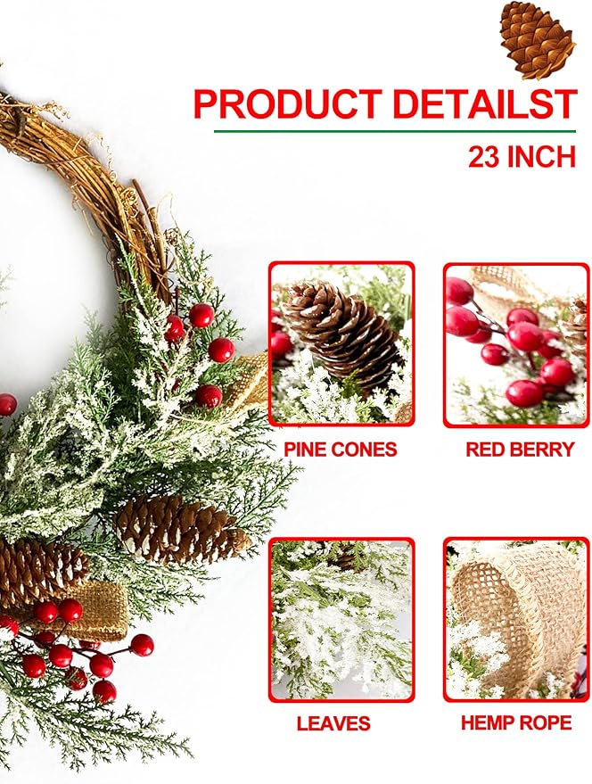 Artificial Christmas Door Wreath, Christmas Wreaths for Front Door, Window Wreaths with Pine Cone, Red Berries, Burlap Ribbon & Snowflake, Holiday Indoor/Outdoor Wreath Decorations, 23 inch