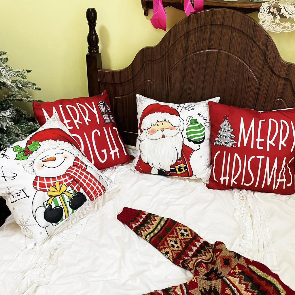 RidaaFri Christmas Pillow Covers 18x18 Inch Set of 4 Merry Christmas Red Throw Pillow Cases Winter Holiday Cushion Case Snowman Santa Claus Xmas Decorations for Home