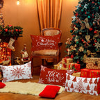 Lanpn Christmas Lumbar Throw Pillow Covers 12x24 Set of 4, Merry Christmas Winter Xmas Snowflake Decorative Holiday Cushion Pillow Cases 12 x 24 for Indoor Farmhouse Home Room Couch Decor (Red)