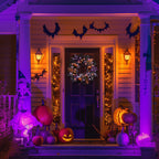 Valery Madelyn Collapsible Halloween Wreath for Front Door with Lights, 24 Inch Pre-Lit Jack-o'-Lantern Pumpkin Wreath Halloween Decorations for Centerpiece Window Indoor Party Holiday Wall Home Decor