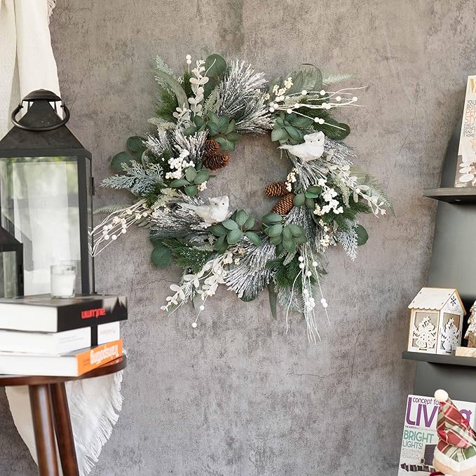 Winter Wreaths for Front Door Outside- 24 Inch Outdoor Christmas Wreath with White Owl,Pine Cones,Cedar and White Berries,Artificial Snowy Winter Decorations for Home Farmhouse Door Decor