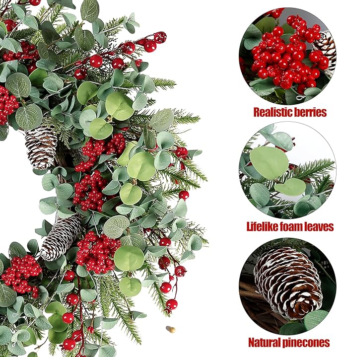 Sggvecsy 22 Inch Artificial Christmas Wreath for Front Door Xmas Red Berry Wreath with Pine Needles Pine Cones Eucalyptus Leaves Christmas Decorations for Winter Wall Outdoor Home Holiday Xmas Decor