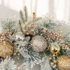 YULETIME 24" Christmas Wreath, Artificial Holiday Wreath with Baubles, Berries, Leaves, Spruce Branches, Snowy Pine Needles (Gold Bauble)