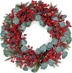 Artificial Christmas Wreath 22inch Christmas Wreaths for Front Door Xmas Red Berry Wreath with Eucalyptus Leaves Pine Needles Red Berries for Wall Farmhouse Window Winter Holidays