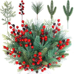 Winlyn 65 Pcs Artificial Pine Branches and Red Berries Stems Christmas Greenery Stems Cedar Picks for Christmas Tree Wreath Winter Wedding Holiday Floral Arrangement Table Centerpiece DIY Crafts