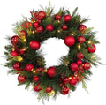 BIG 26" D Pre-lit Christmas Ornament Artificial Pine Wreath w 33 Red Balls Real Grapevine Base (35 LED Lights, 8 Flash Options) for Xmas Decor at Shop Home Front Door Living Room Wall Window (Battery)
