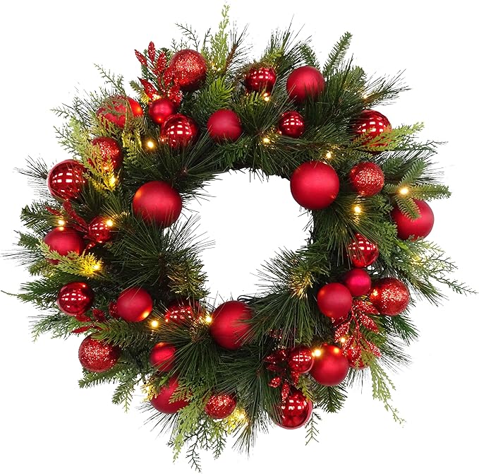 BIG 26" D Pre-lit Christmas Ornament Artificial Pine Wreath w 33 Red Balls Real Grapevine Base (35 LED Lights, 8 Flash Options) for Xmas Decor at Shop Home Front Door Living Room Wall Window (Battery)