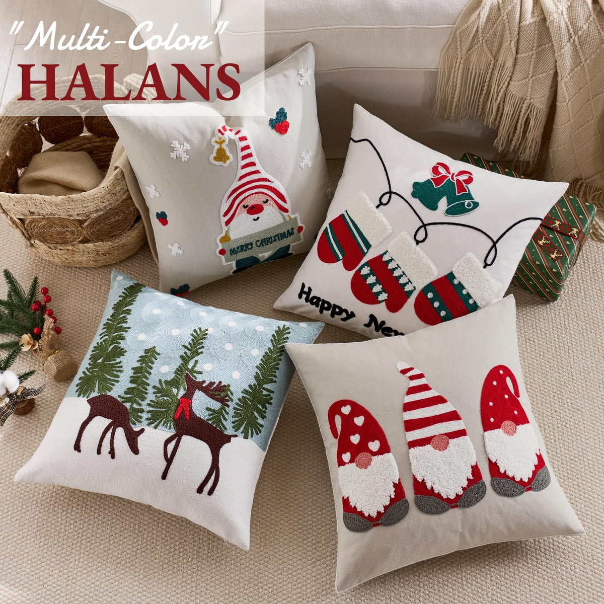 Farmhouse Christmas Pillow Covers 18x18 Set of 2, Xmas Embroidered Throw Cushion Cases with Festive Patterns for Rustic Home Holiday Decor (Gnome Trio White, 18" x 18" (Pack of 2))