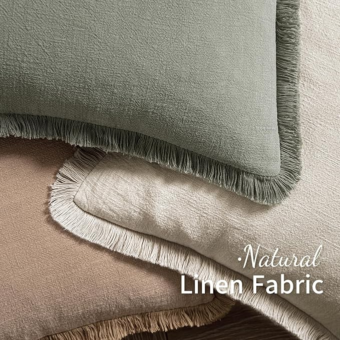 MIULEE Christmas Decorative Throw Pillow Covers Neutral Linen Fringe Throw Pillows Set of 2 Natural Beige Boho Farmhouse Cushion Covers with Tassels for Couch Sofa Bed Living Room Decor 18x18 Inch