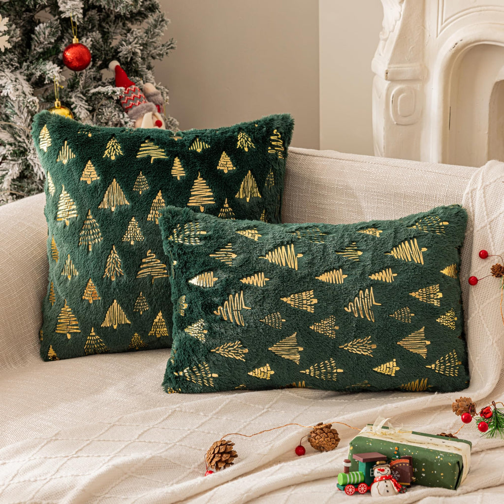 AQOTHES Christmas Tree Green Throw Pillow Covers 18x18inch, Set of 2 Winter Holiday Decorative Faux Fur Fuzzy Pillows Covers with Glitter Printed for Christmas Decor Sofa Couch Home
