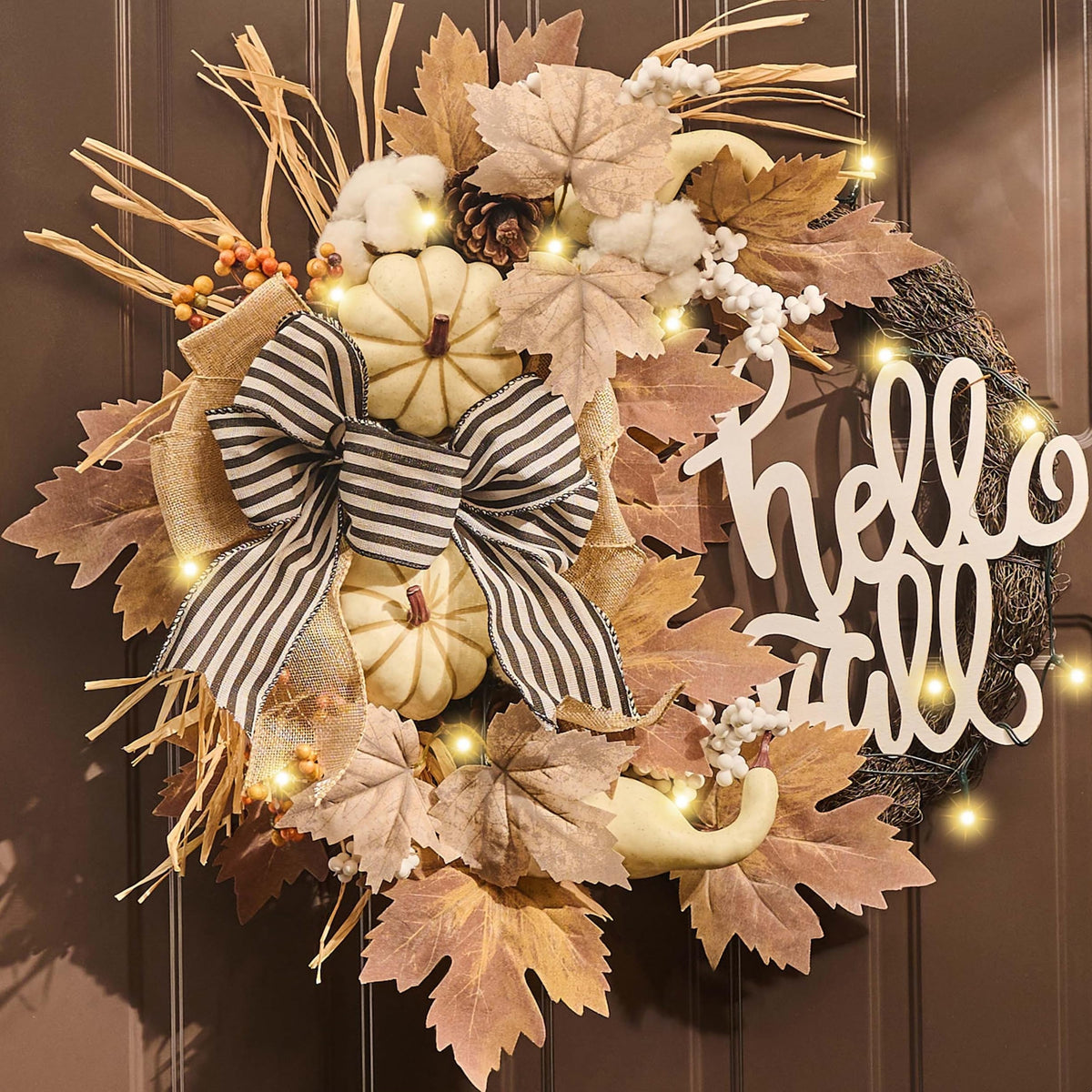 Valery Madelyn 22'' Collapsible Fall Wreaths for Front Door, Neutral Autumn Door Wreath with Lights Pumpkins Bow Outdoor Fall Halloween Decorations for Home Porch Thanksgiving Harvest Outdoor Decor