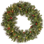 National Tree Company Pre-Lit Artificial Christmas Wreath, Green, Carolina Pine, White Lights, Decorated with Pine Cones and Glitter, Berry Clusters, Christmas Collection, 30 Inches