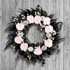 National Tree Company Artificial Pretty Morbid Pink Carnation Halloween Wreath, Black, Silver Pumpkins, 26inch